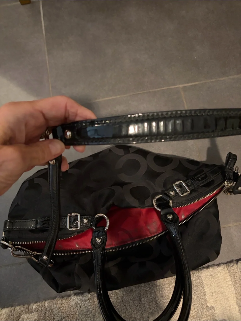 Coach Black and Charcoal Signature Satchel with Leather Trim.